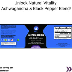 VAST Vitamins Ashwagandha with Black Pepper, includes supplement facts and customer service number.