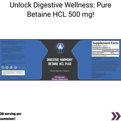  Betaine HCL Plus with supplement facts and suggested use for digestive wellness.