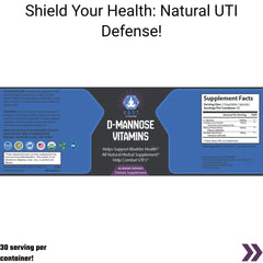 D-Mannose supplement advertisement showing bottle with supplement facts and suggested use.