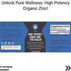 High Potency Organic Zinc featuring supplement facts and suggested use instructions
