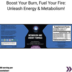 Metabolism and Energy dietary supplement with 60 servings per container and benefits listed.