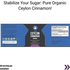 Organic Ceylon Cinnamon capsules emphasizing blood sugar stabilization and 30 servings per container.