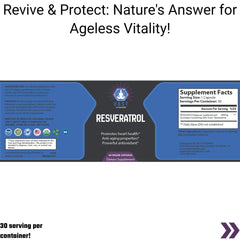 Resveratrol dietary supplement highlighting 30 servings per container and suggested use for ageless vitality.