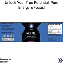  MCT Oil with suggested use, supplement facts, and product guarantee