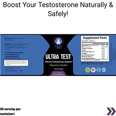 VAST Ultra Test with supplement facts, suggested use, and a tagline 'Boost Your Testosterone Naturally & Safely!