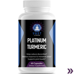 Bottle of Platinum Turmeric dietary supplement listing benefits like joint health support and metabolic stress response.