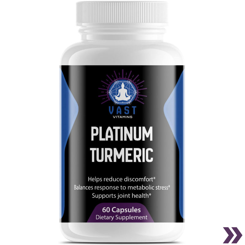 Bottle of Platinum Turmeric dietary supplement listing benefits like joint health support and metabolic stress response.