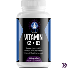 Bottle image of Vitamin K2 + D3 dietary supplement detailing support for bone health and muscle function