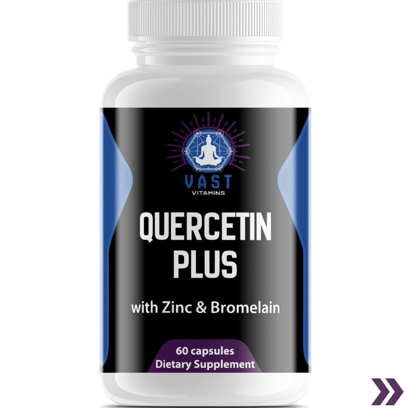 Close-up of Quercetin Plus bottle emphasizing Zinc and Bromelain content for dietary supplementation.