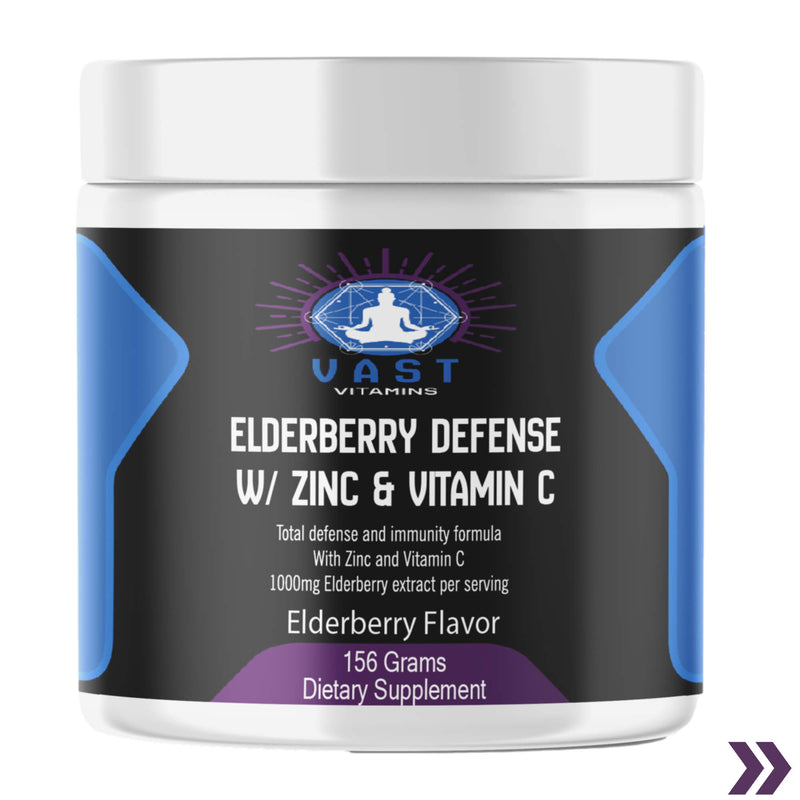 container of VAST Vitamins Elderberry Defense supplement, 156 grams, highlighting immune support ingredients with zinc and vitamin C.