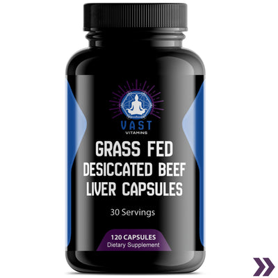 Bottle image of Grass-Fed Desiccated Beef Liver Capsules dietary supplement with 30 servings