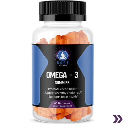 Omega-3 gummies bottle, emphasizing support for heart and brain health, with 60 gummies per bottle.