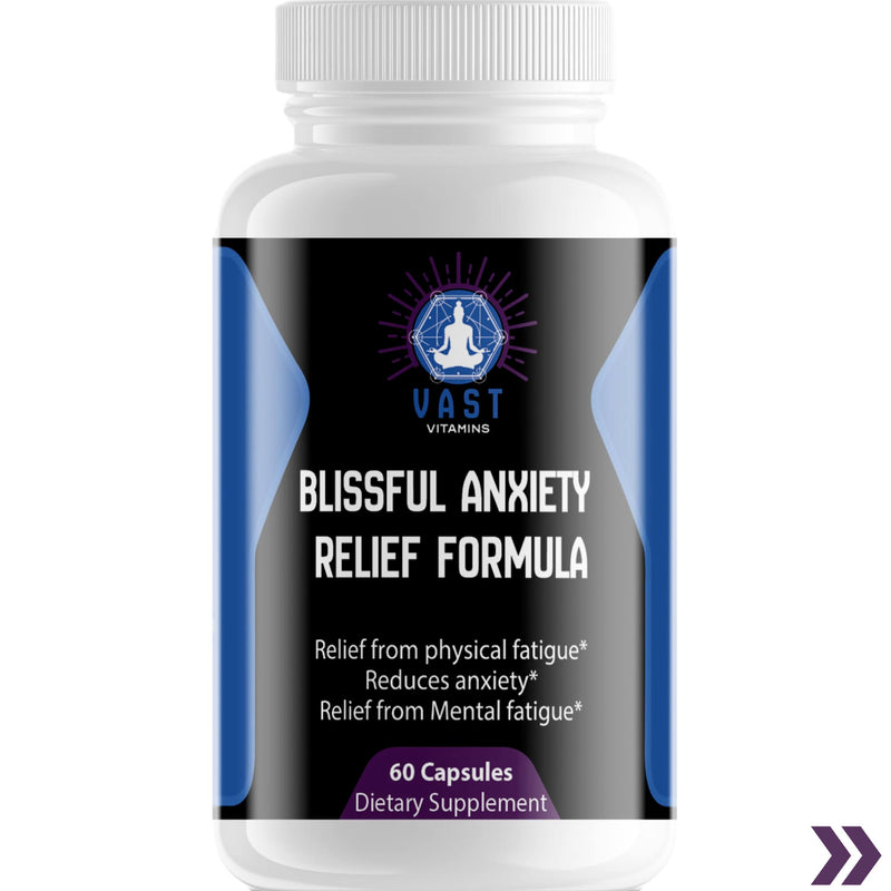 Product bottle image for Blissful Anxiety Relief Formula highlighting relief from physical and mental fatigue.