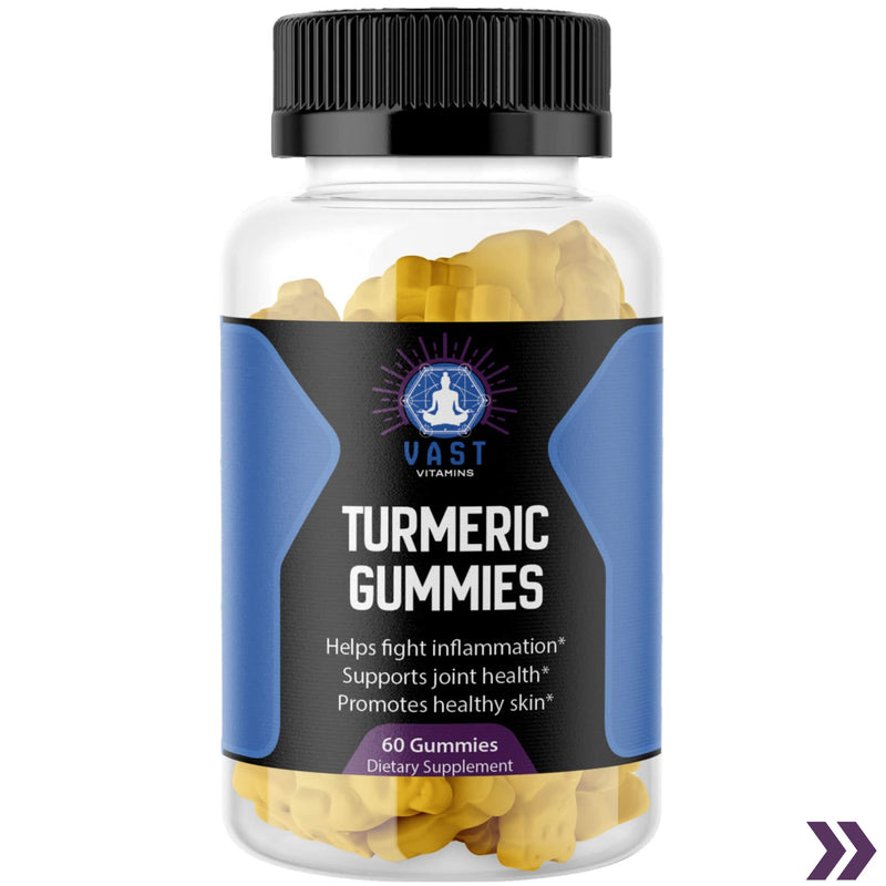 Close-up of turmeric gummies bottle with health benefit claims and dietary supplement label.