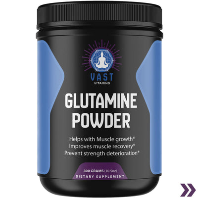 Front view of VAST Vitamins Glutamine Powder container, emphasizing muscle recovery and strength support.