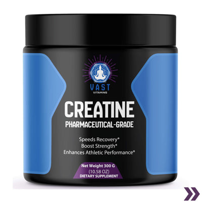 Container of VAST Creatine dietary supplement for enhancing athletic performance, net weight 300g.