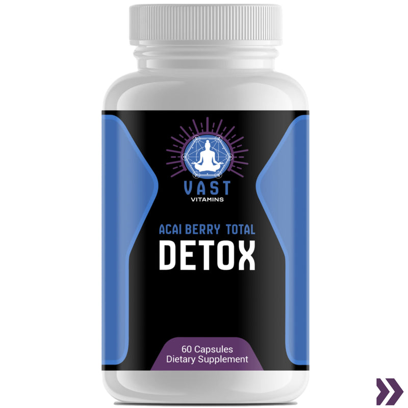 VAST Acai Berry Total Detox bottle, promoting digestive health, energy, and a 100% natural body cleanse.