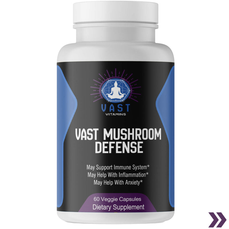 Front view of VAST Mushroom Defense dietary supplement bottle, emphasizing its benefits for immunity, inflammation, and anxiety.