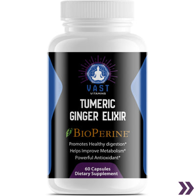 Front view of VAST Vitamins bottle for Turmeric Ginger Elixir dietary supplement with BioPerine.