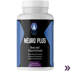 Close-up of VAST Vitamins Neuro Plus bottle, emphasizing memory function, concentration, and alertness support.