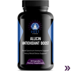 Front view of VAST Vitamins Allicin Antioxidant Boost dietary supplement bottle emphasizing the health benefits of organic allicin.