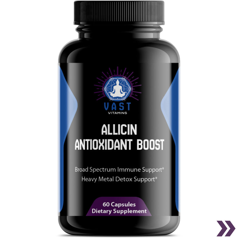 Front view of VAST Vitamins Allicin Antioxidant Boost dietary supplement bottle emphasizing the health benefits of organic allicin.