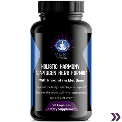 VAST Holistic Harmony Adaptogen Herb Formula product bottle emphasizing energy boost and stress defense with natural ingredients