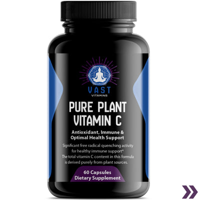 Pure Plant Vitamin C dietary supplement bottle featuring benefits such as antioxidant support, immune health, and non-GMO ingredients.