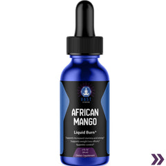 Close-up of a blue bottle of Vast African Mango Liquid Burn dietary supplement with highlighted benefits of increased stamina and appetite control.