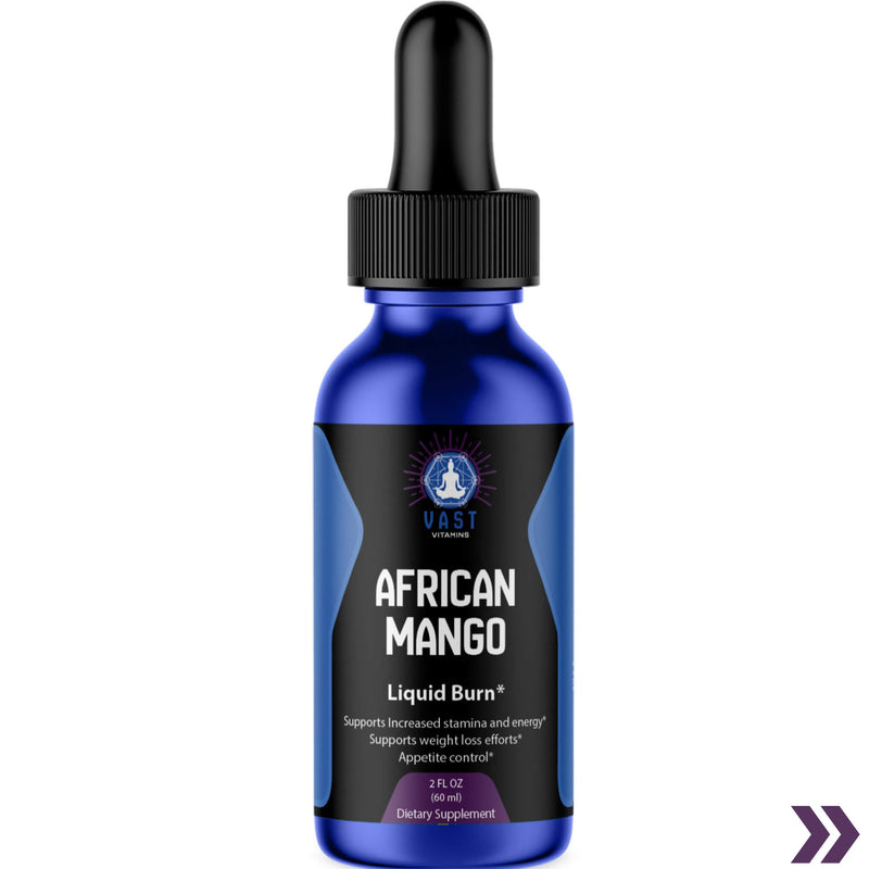 Close-up of a blue bottle of Vast African Mango Liquid Burn dietary supplement with highlighted benefits of increased stamina and appetite control.