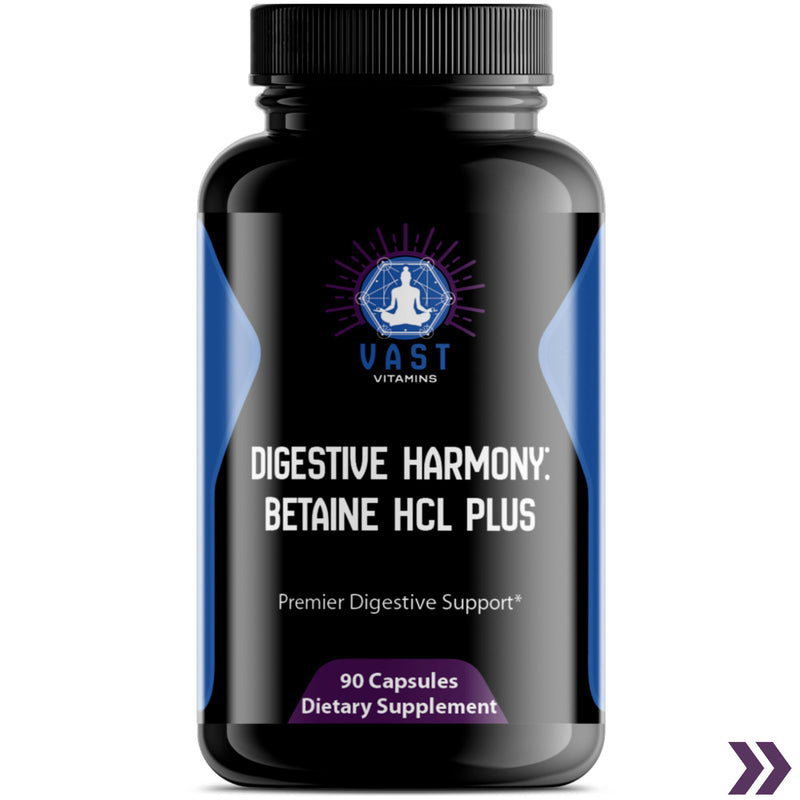 Close-up of Betaine HCL Plus bottle, a dietary supplement for optimal digestive health.