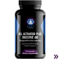 Close-up of HCL Activator Plus Digestive Aid bottle highlighting digestive and whole body health support.