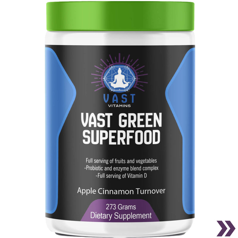 Container of VAST Green Superfood dietary supplement in Apple Cinnamon Turnover flavor, highlighting full servings of fruits and vegetables.