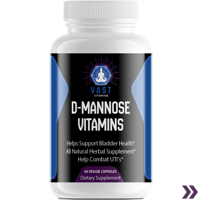 Close-up of D-Mannose vitamin bottle emphasizing bladder health support and UTI combat.