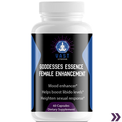 Bottle of VAST Vitamins Goddesses Essence Female Enhancement showcasing supplement facts and ingredients.