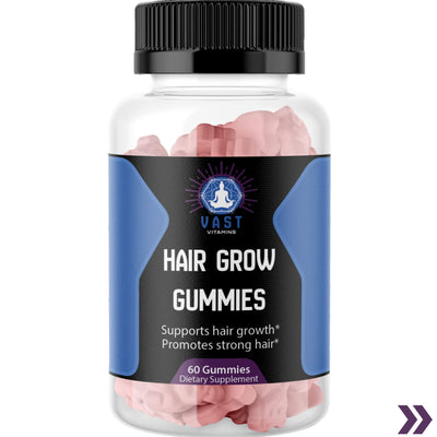 Bottle of VAST Vitamins Hair Grow Gummies with detailed nutritional information for hair health