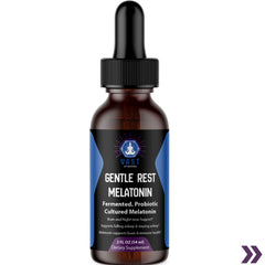 VAST Vitamins Gentle Rest Melatonin product bottle emphasizing fermented, probiotic features for sleep support."