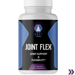 Close-up of Joint Flex supplement bottle, promoting joint support with natural ingredients.