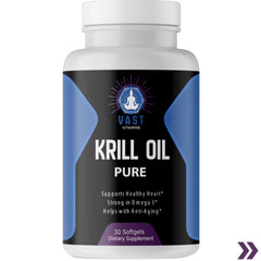 Close-up of Pure Krill Oil supplement bottle emphasizing omega-3 content and anti-aging benefits.