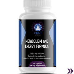 Close-up of Metabolism and Energy Formula supplement bottle, highlighting natural ingredients for energy boost.