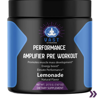 Container of VAST PERFORMANCE Amplifier Pre-Workout Lemonade Flavor highlighting natural flavor.