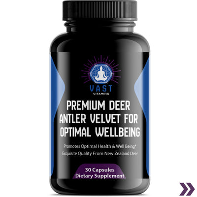 Close-up of Premium Deer Antler Velvet supplement bottle highlighting natural ingredients for vitality