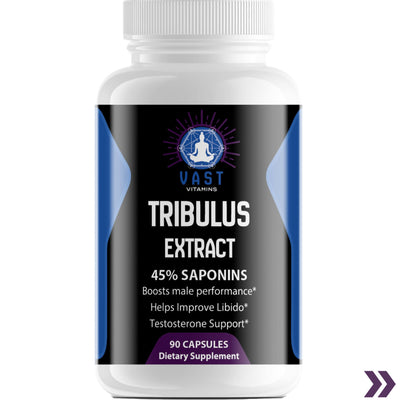 Close-up of Tribulus Extract bottle listing benefits for testosterone support and libido improvement