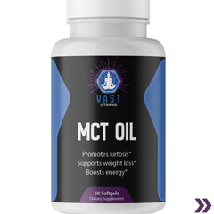 "Close-up of MCT Oil supplement bottle highlighting key benefits like ketosis support and energy boost