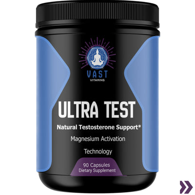 Close-up of VAST Ultra Test testosterone support supplement bottle highlighting the natural ingredients and magnesium activation technology.