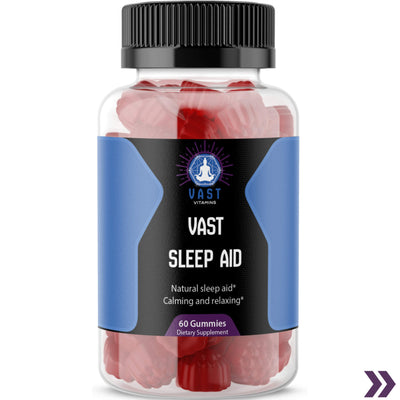 Close-up of VAST Sleep Aid gummy bottle focusing on the label with natural sleep aid claim and quantity.