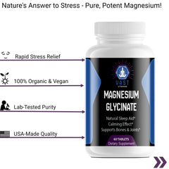 Magnesium Glycinate capsules Fast Absorbing Calming Effect benefits: rapid stress relief, 100% vegan