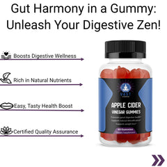 Promotional graphic for apple cider vinegar gummies emphasizing digestive health benefits and quality certifications.