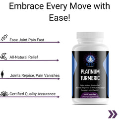  Platinum Turmeric showcasing quick joint pain relief, all-natural ingredients, and quality assurance.