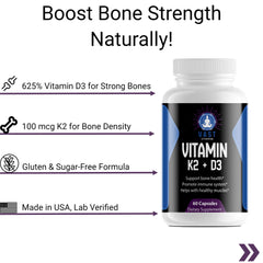 Health benefits and features of Vitamin K2 + D3 dietary supplement, highlighting gluten and sugar-free formula.